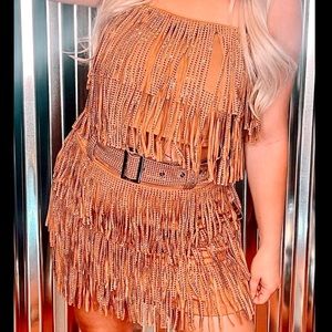 CowGirl Glam, 2 Piece: Skirt & Top. Size L Tan Faux Suede, Embellished Fringe.